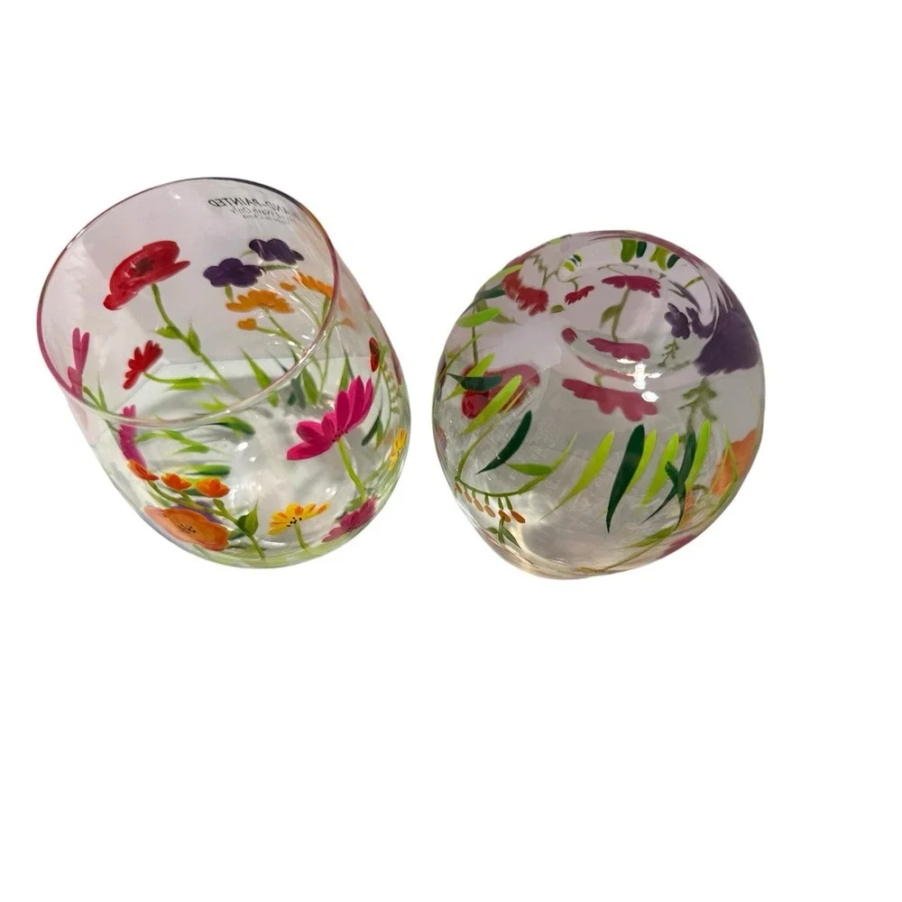 Handpainted Floral Stemless Wine Glasses Set Of Two